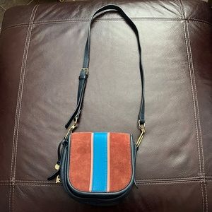 Fossil Leather Suede Flap Stripe Crossbody Purse Bag Satchel